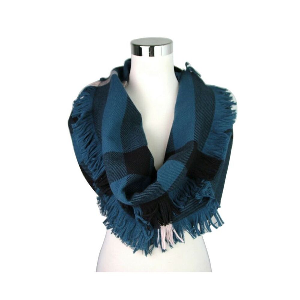 Burberry Women's Blue / Black Wool Fashion Scarf With Fringe And Pink Stripe - Picture 4 of 7